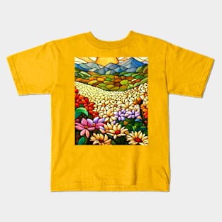 Stained Glass Colorful Mountain Meadow Kids T-Shirt